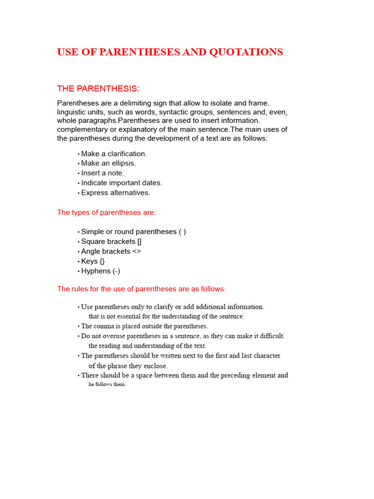 Parentheses and Quotation Usage Guide | PDF | Bracket | Quotation Mark