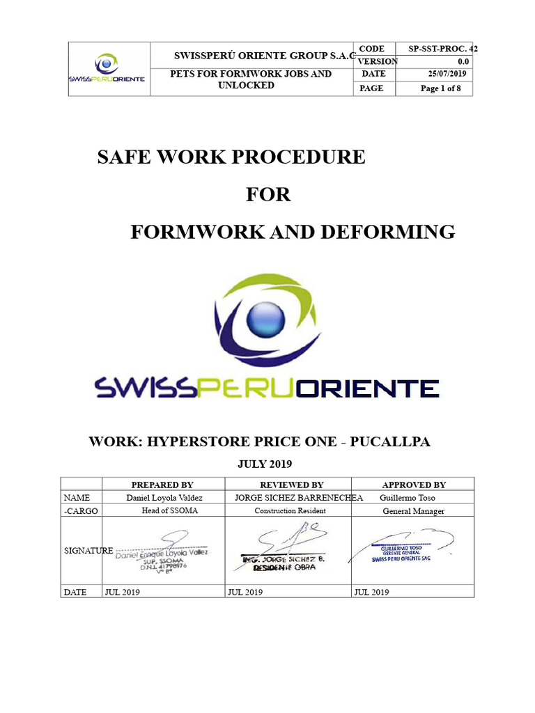 Safe Work Procedure for Formwork | PDF | Occupational Safety And Health ...