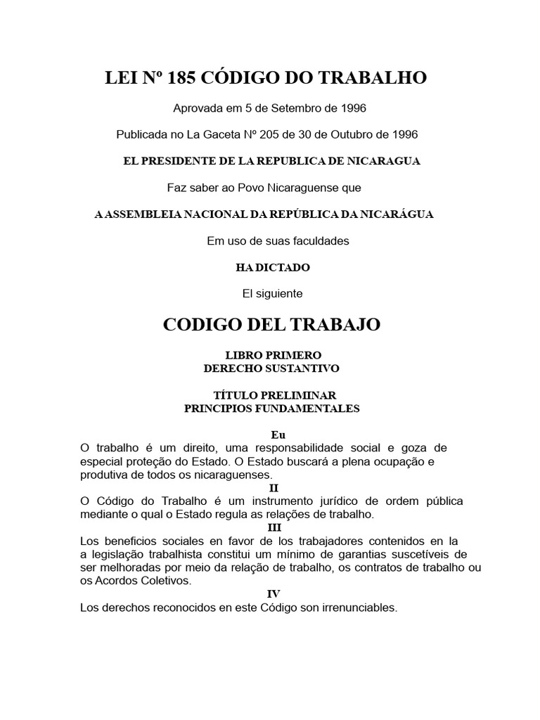 Lei 185 Código Do Trabalho Nicarágua | PDF | Férias trabalhistas | Lei ...