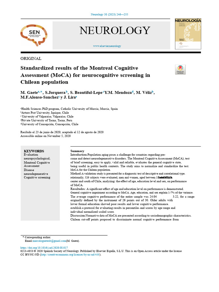 MoCA Standardization for Chilean Adults | PDF | Dementia | Mental Disorder
