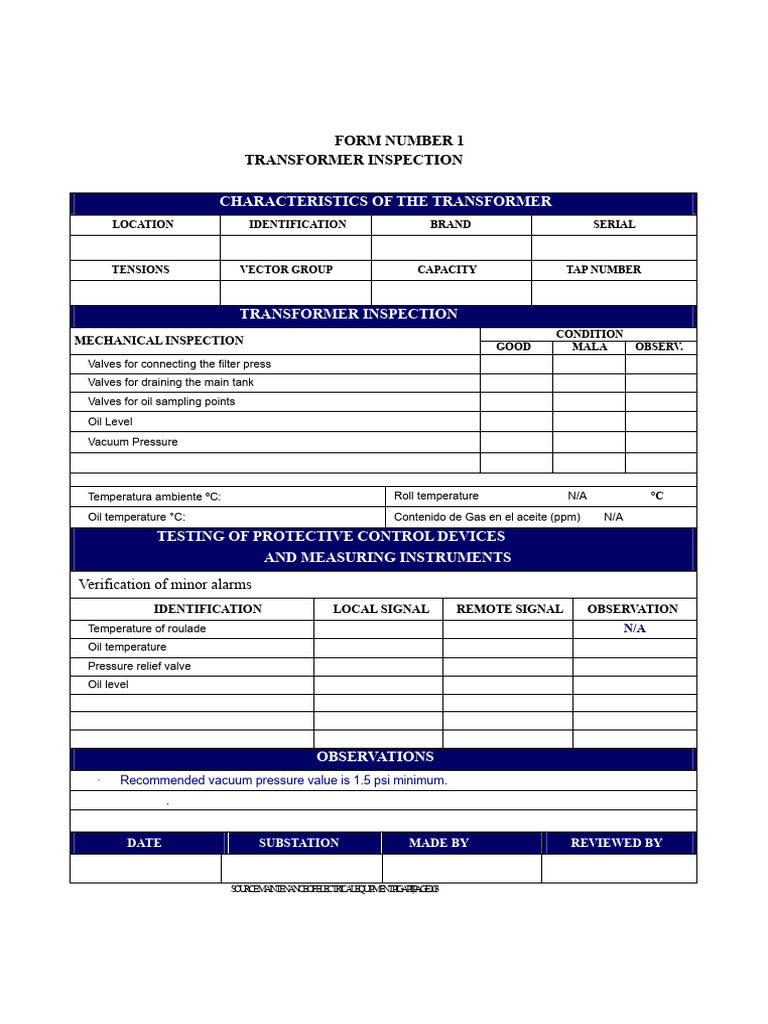 Transformer and Equipment Inspection Forms | PDF | Transformer ...