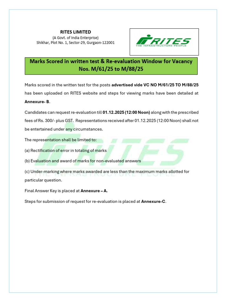 RITES Exam Marks & Re-evaluation Guide | PDF