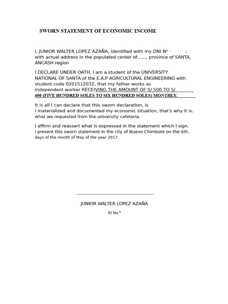 Sworn Economic Income Statement | PDF
