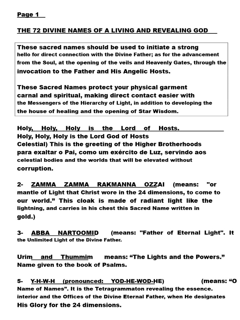 72 Divine Names for Spiritual Connection | PDF | Lord's Prayer | Light