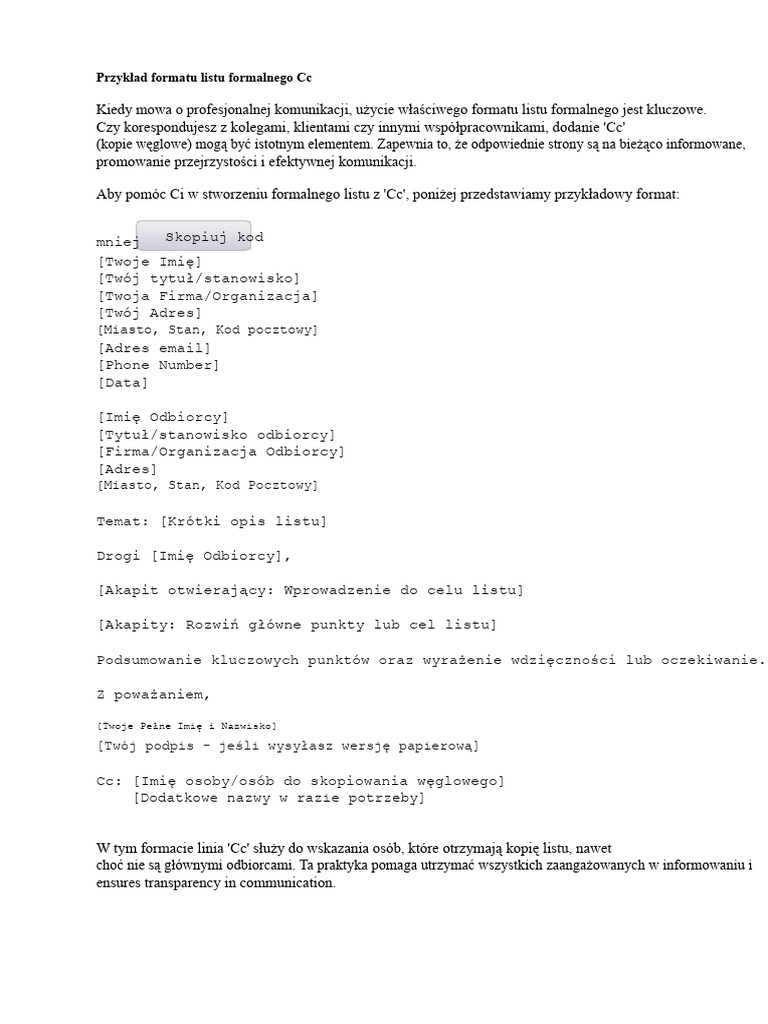 Formalny Wzór Listu Z Kopią (CC) | PDF