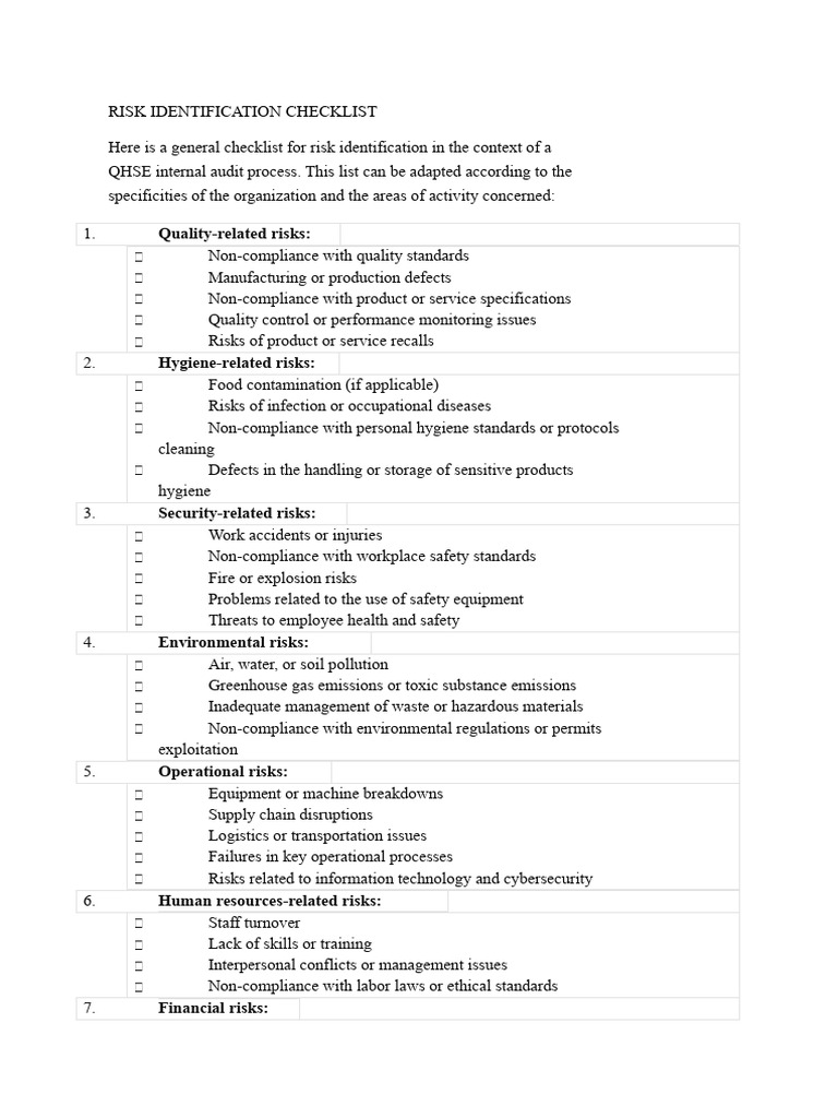 Qhse Risk Identification Checklist | PDF | Regulatory Compliance | Risk