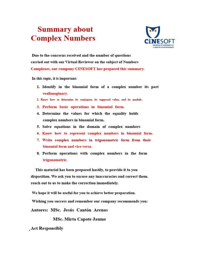 Summary about Complex Numbers | PDF | Complex Number | Trigonometric ...