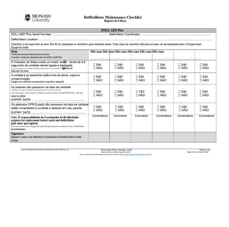 Checklist de Manutenção do ZOLL AED Plus | PDF