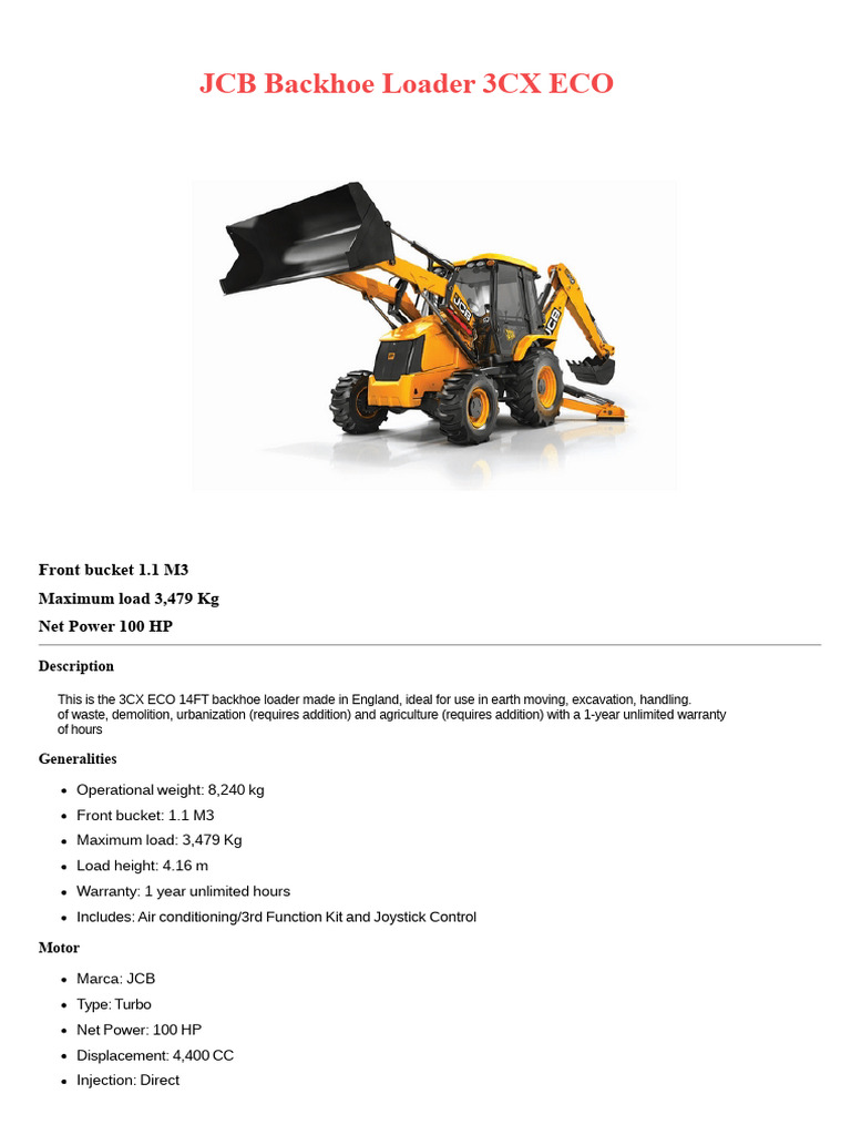 JCB 3CX ECO Backhoe Loader Specs | PDF | Loader (Equipment) | Land Vehicles