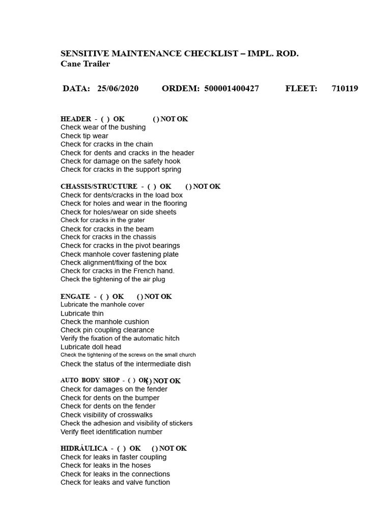 Sensitive Maintenance Checklist for Cane Trailer | PDF | Tire | Vehicles