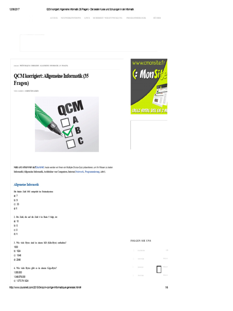 Korrigiertes QCM - Allgemeine Informatik | PDF