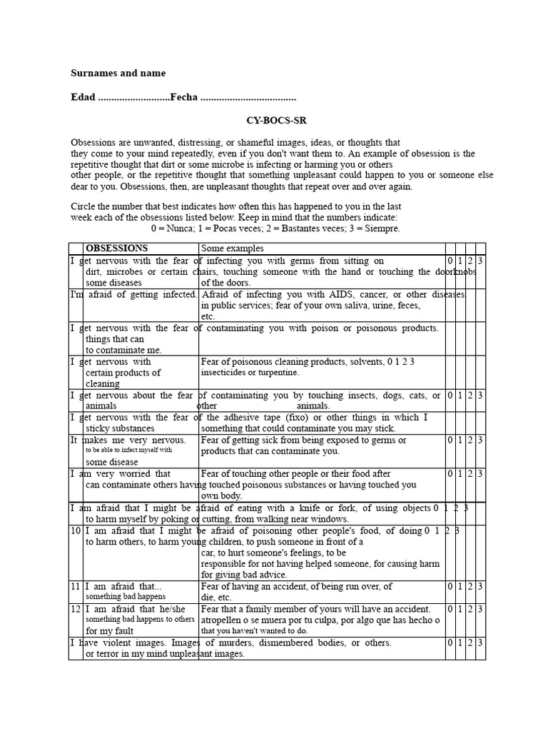 CY-BOCS-SR | PDF | Obsessive–Compulsive Disorder | Thought