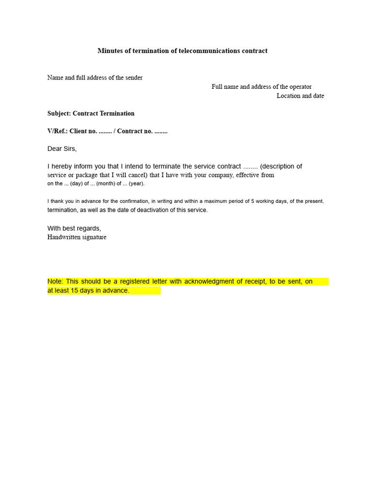 Telecommunications Contract Termination Notice | PDF