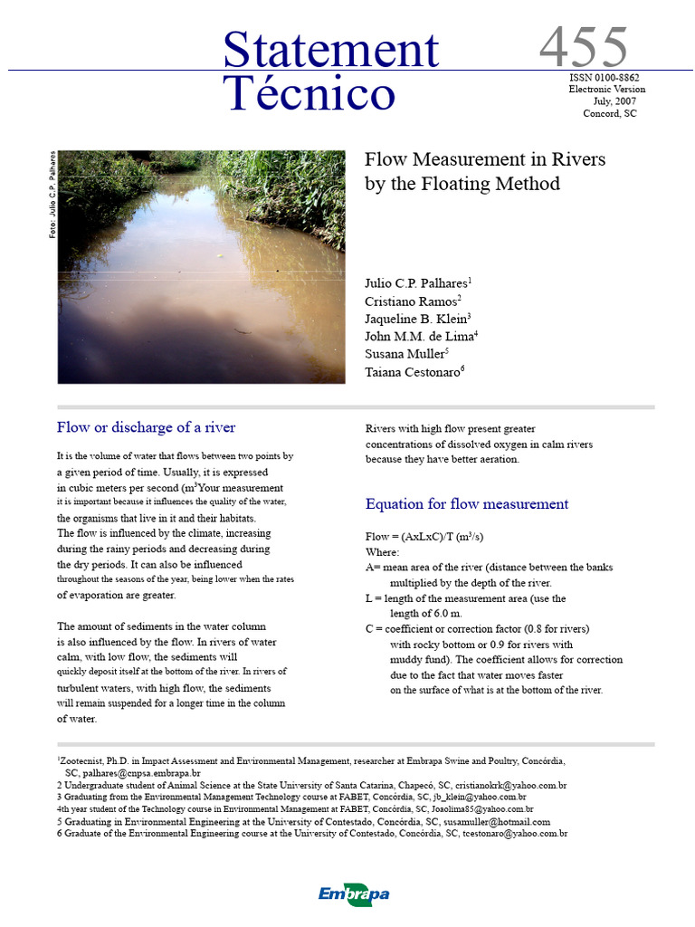 Flow Measurement in Rivers: Float Method | PDF | Area | River