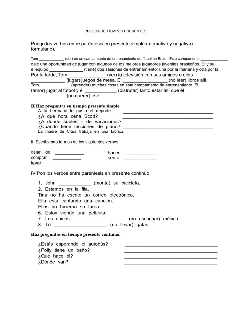 Ejercicios de Presente Simple y Continuo | PDF