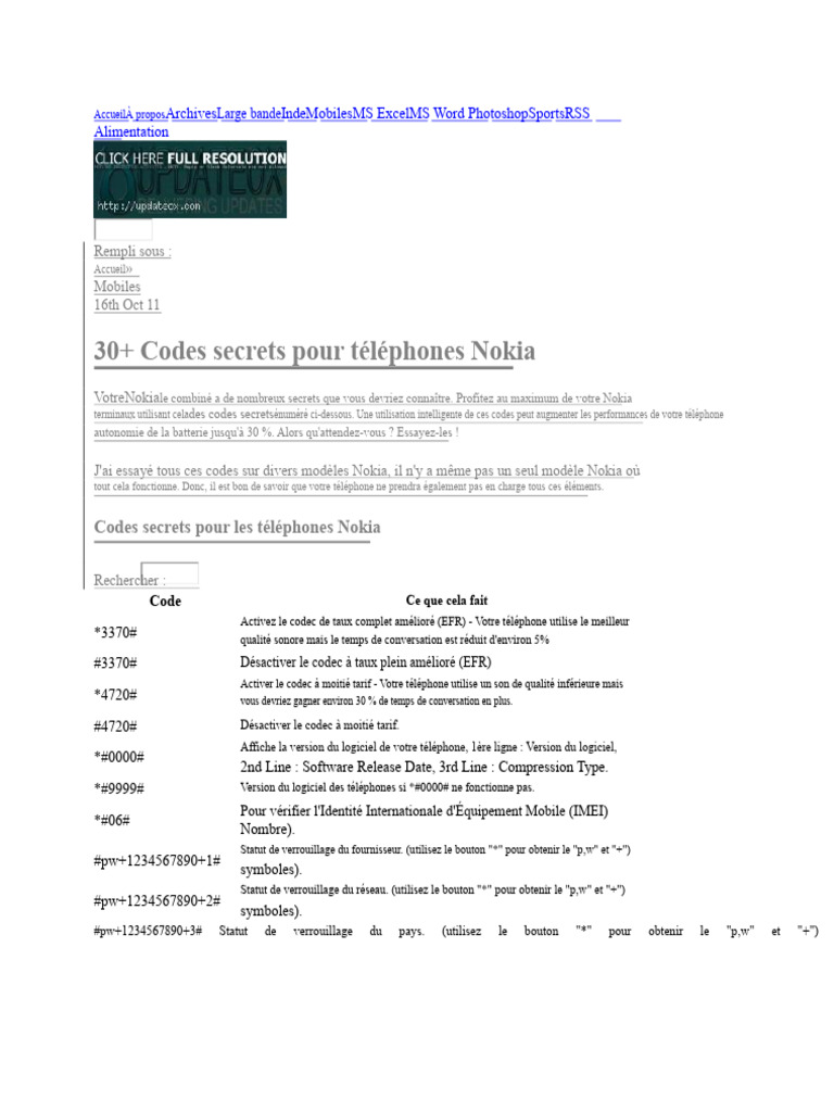 Codes secrets essentiels pour Nokia | PDF | Téléphone | Nokia