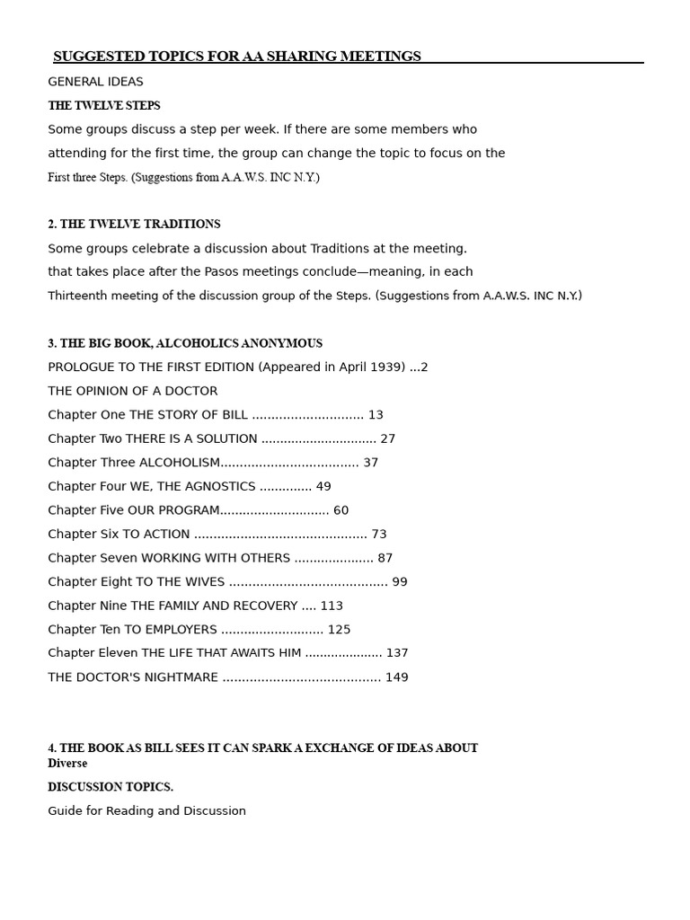 Suggested Topics for AA Share Meetings | PDF | Alcoholics Anonymous ...