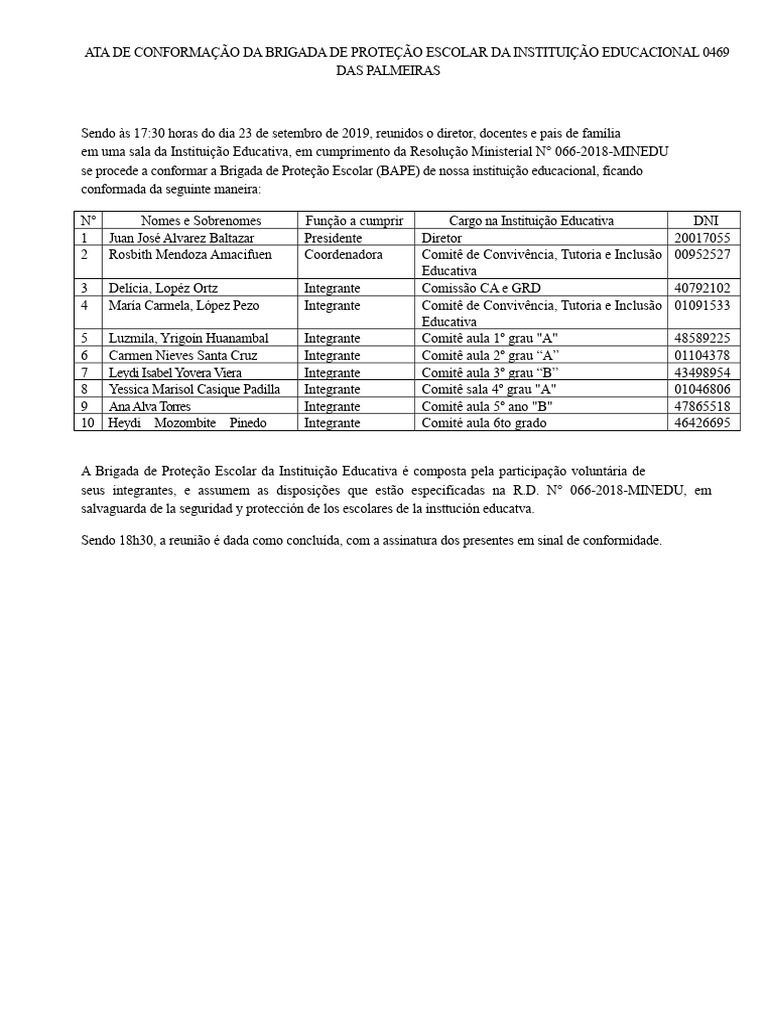 Conformação da Brigada Escolar 0469 | PDF