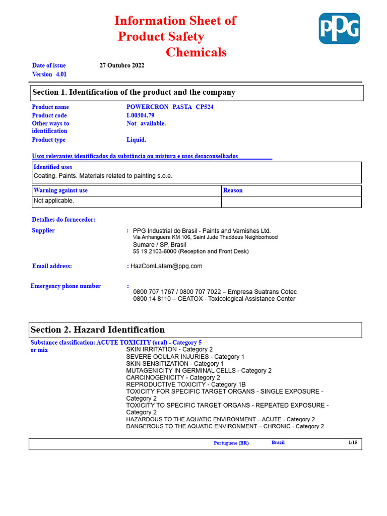 POWERCRON PASTA CP524 Safety Data Sheet | PDF | Toxicity | Dangerous Goods