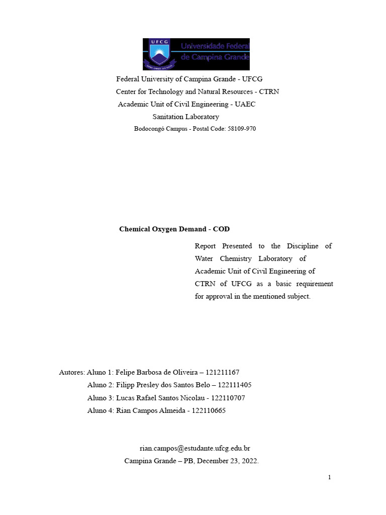 Report - Chemical Oxygen Demand - COD | PDF | Chemistry | Materials