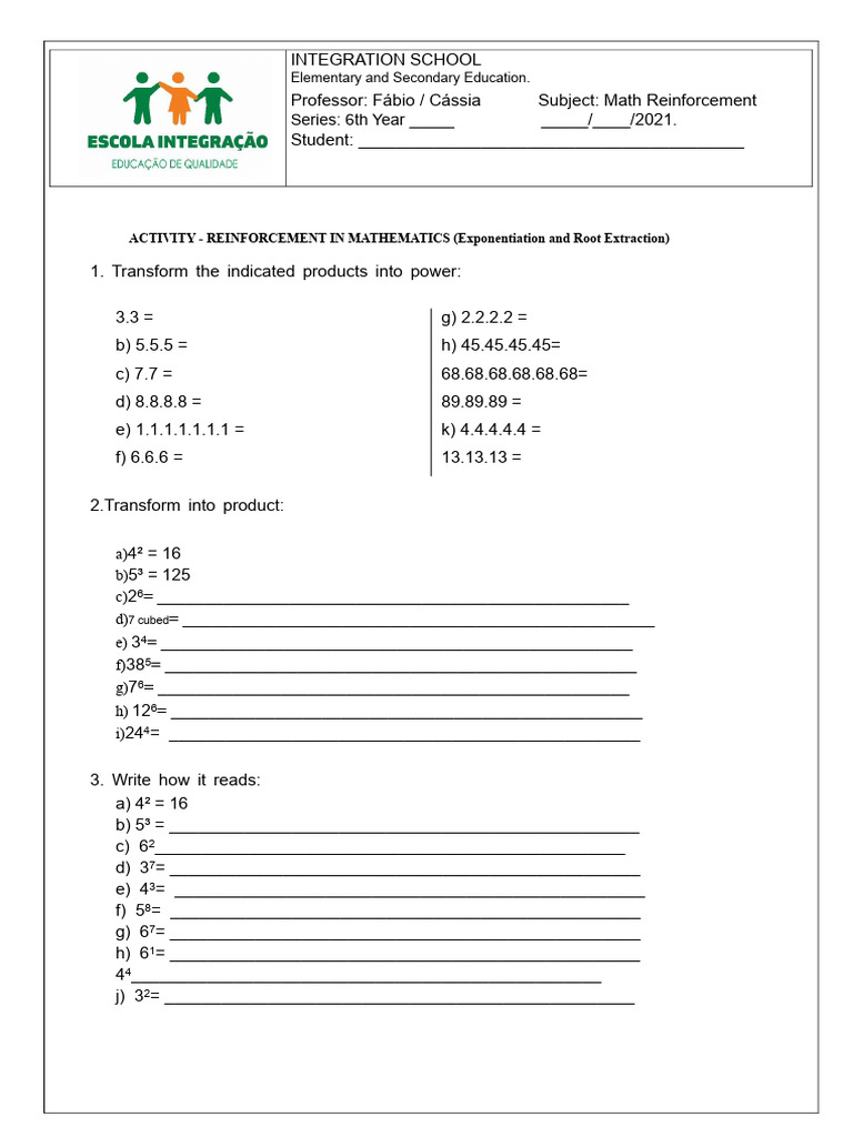 Math Reinforcement: Exponents & Roots | PDF | Exponentiation | Mathematics