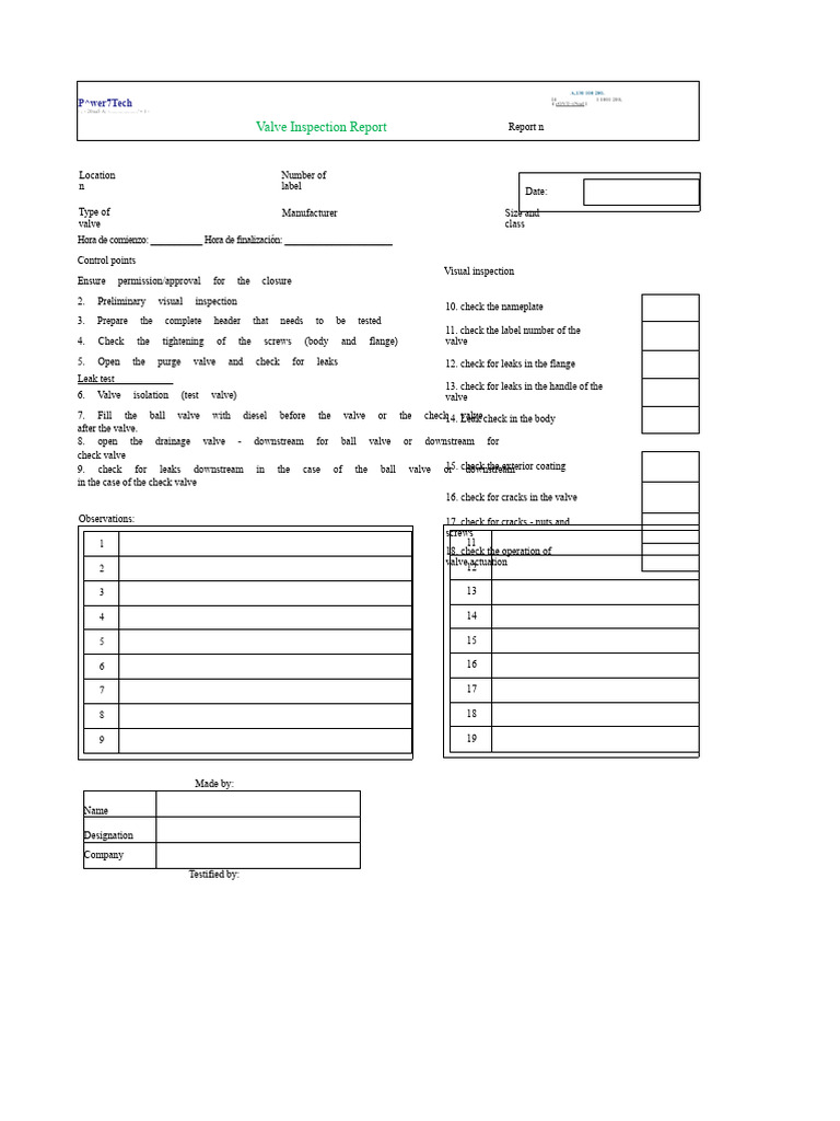 Valve Inspection Checklist Report | PDF | Valve | Chess Openings