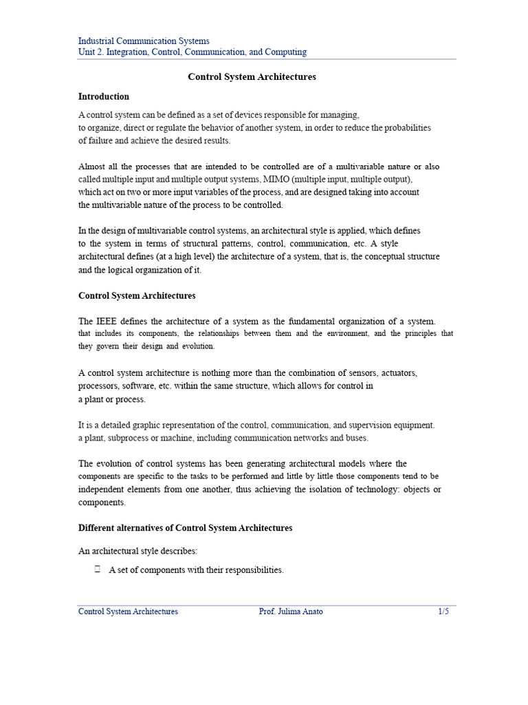 Control System Architectures | PDF | System | Communication
