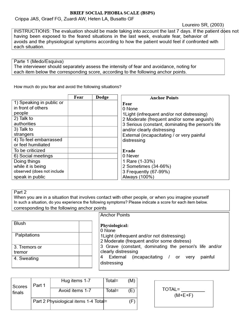 Brief Social Phobia Scale Evaluation | PDF | Social Anxiety Disorder | Fear