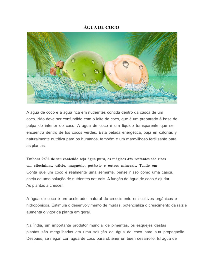 Benefícios da Água de Coco para Plantas | PDF | Nutrientes | Vitamina