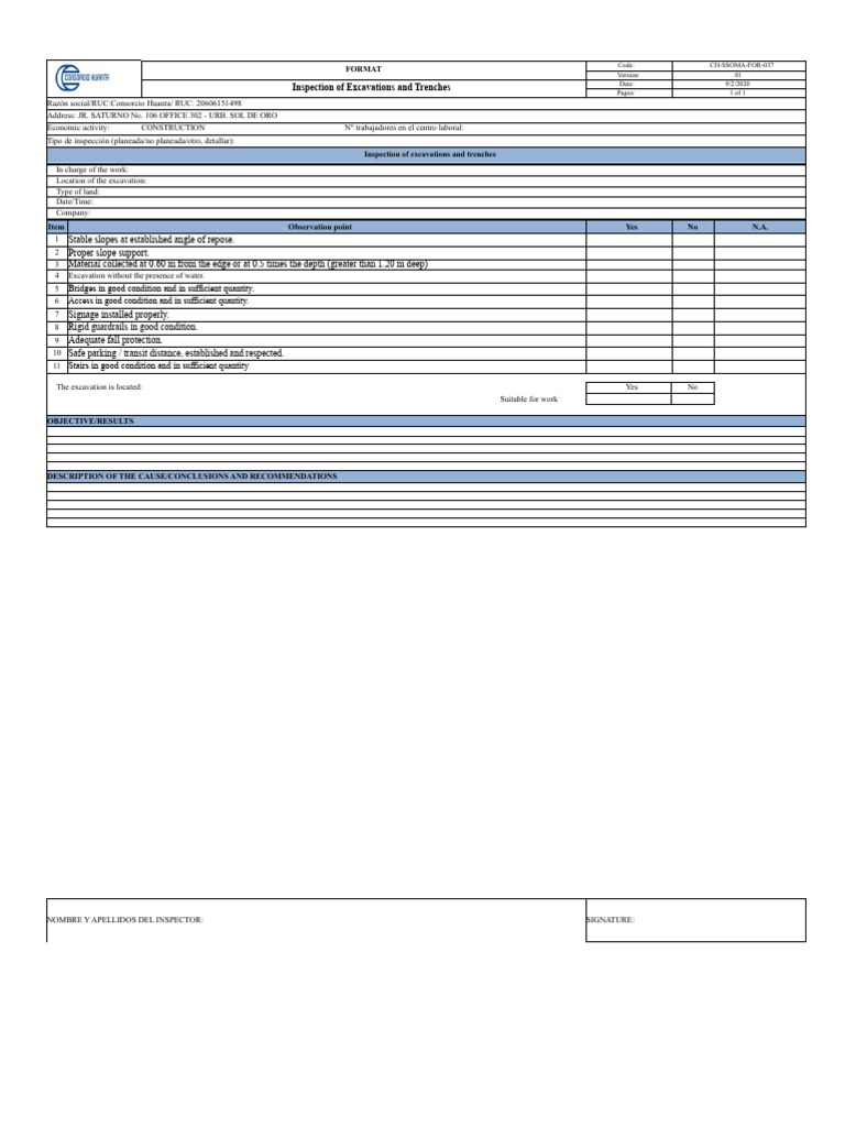 Excavation and Trench Inspection Report | PDF