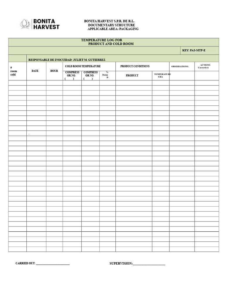 Cold Room Temperature Log Template | PDF