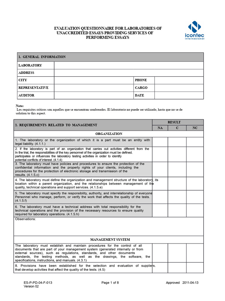 Laboratory Evaluation Questionnaire Guide | PDF | Calibration ...