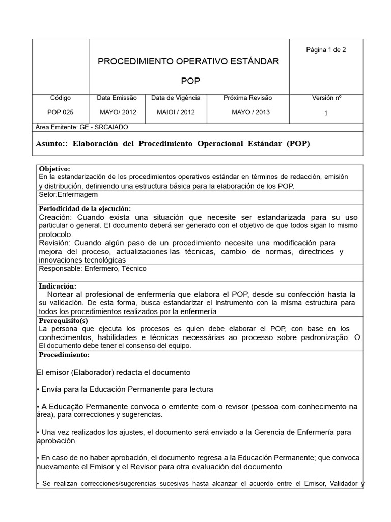 POP Elaboración Del Procedimiento Operacional Estándar POP | PDF ...