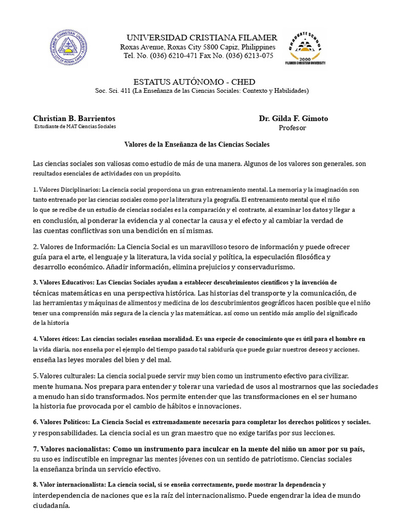 Valores de la Enseñanza en Ciencias Sociales | PDF | Democracia ...