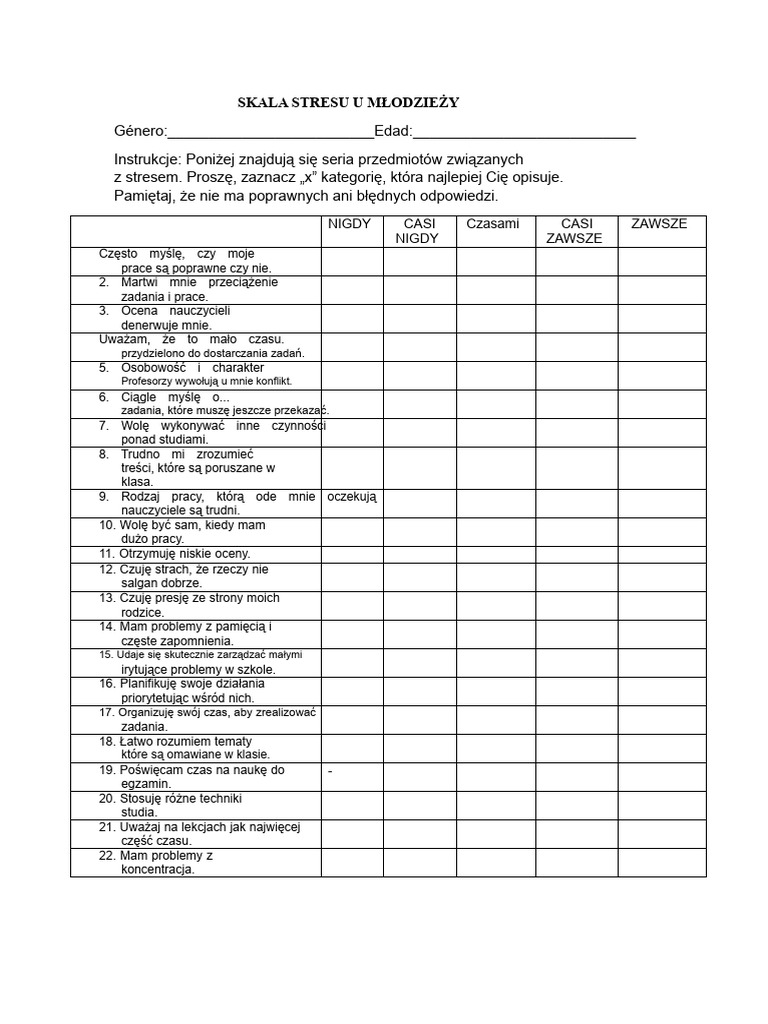 Skala Stresu U Młodzieży | PDF