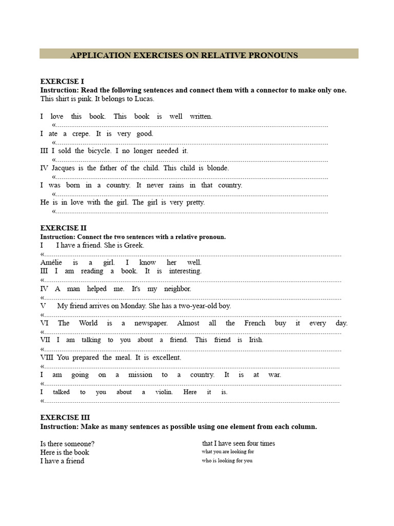 Relative Pronouns Application Exercises | PDF