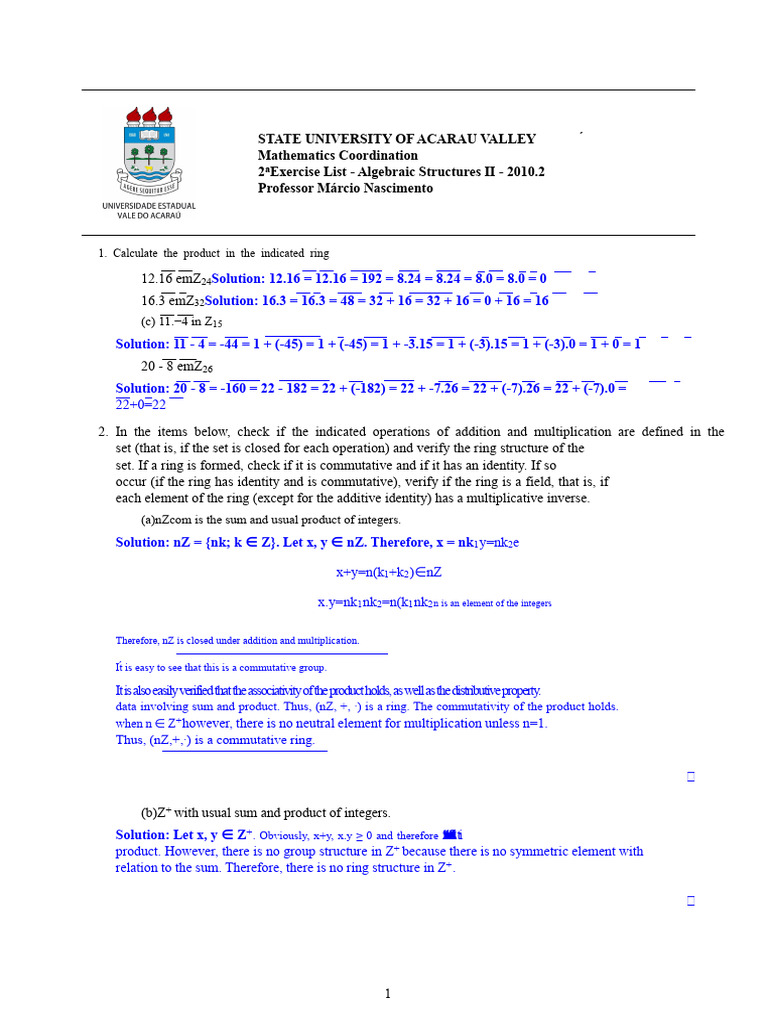 Algebraic Structures: Ring Calculations | PDF | Ring (Mathematics ...
