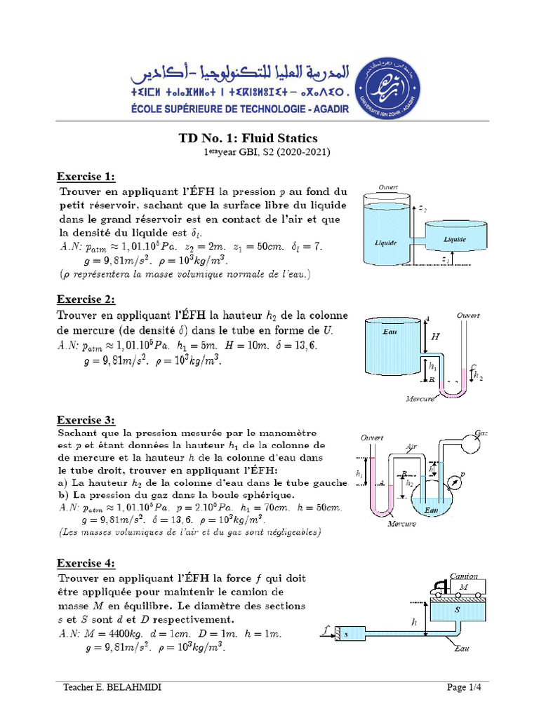 Fluid Statics Exercises and Solutions | PDF | Pressure | Density