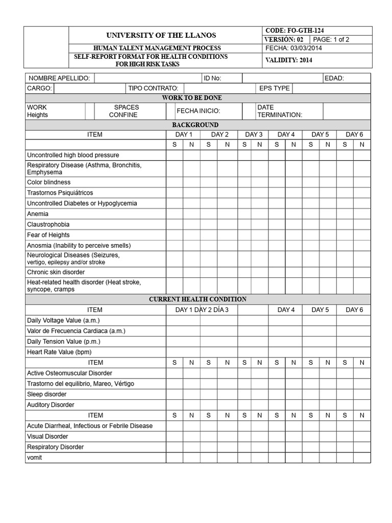 Fo-Gth-124 Self-Report Format For Health Conditions For High-Risk Tasks ...
