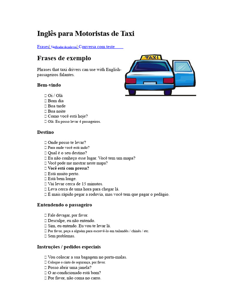 Frases em Inglês para Motoristas de Taxi | PDF | Veículos | Transporte ...