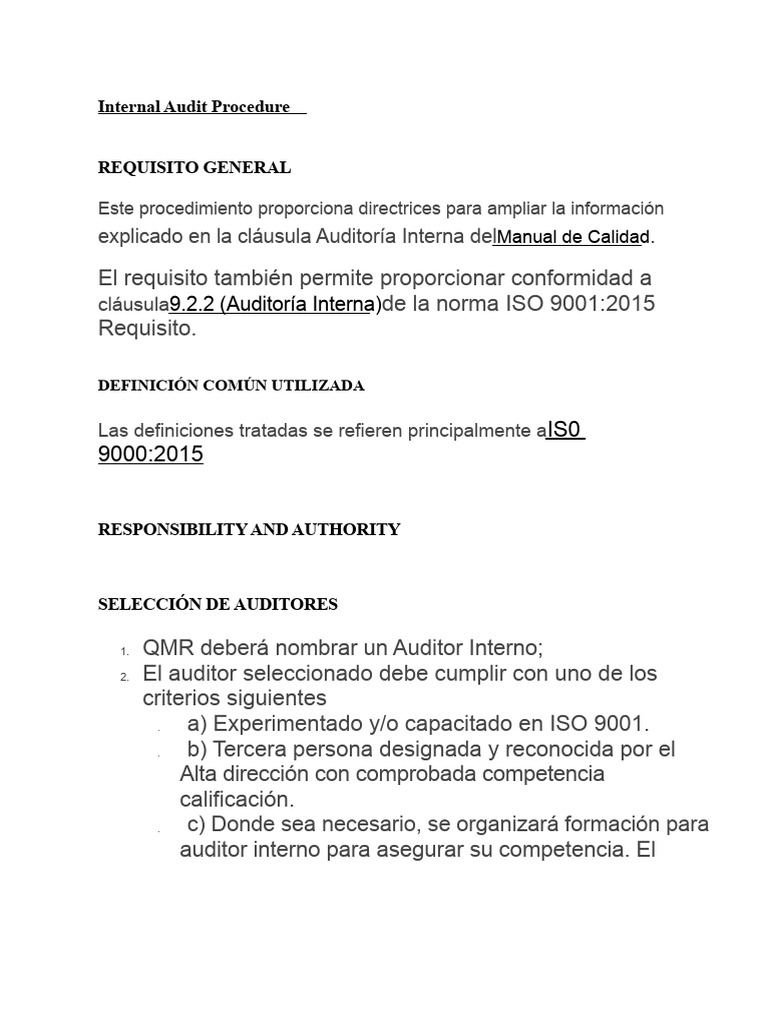 Procedimiento de Auditoría Interna ISO 9001 | PDF | Auditoría | Contralor