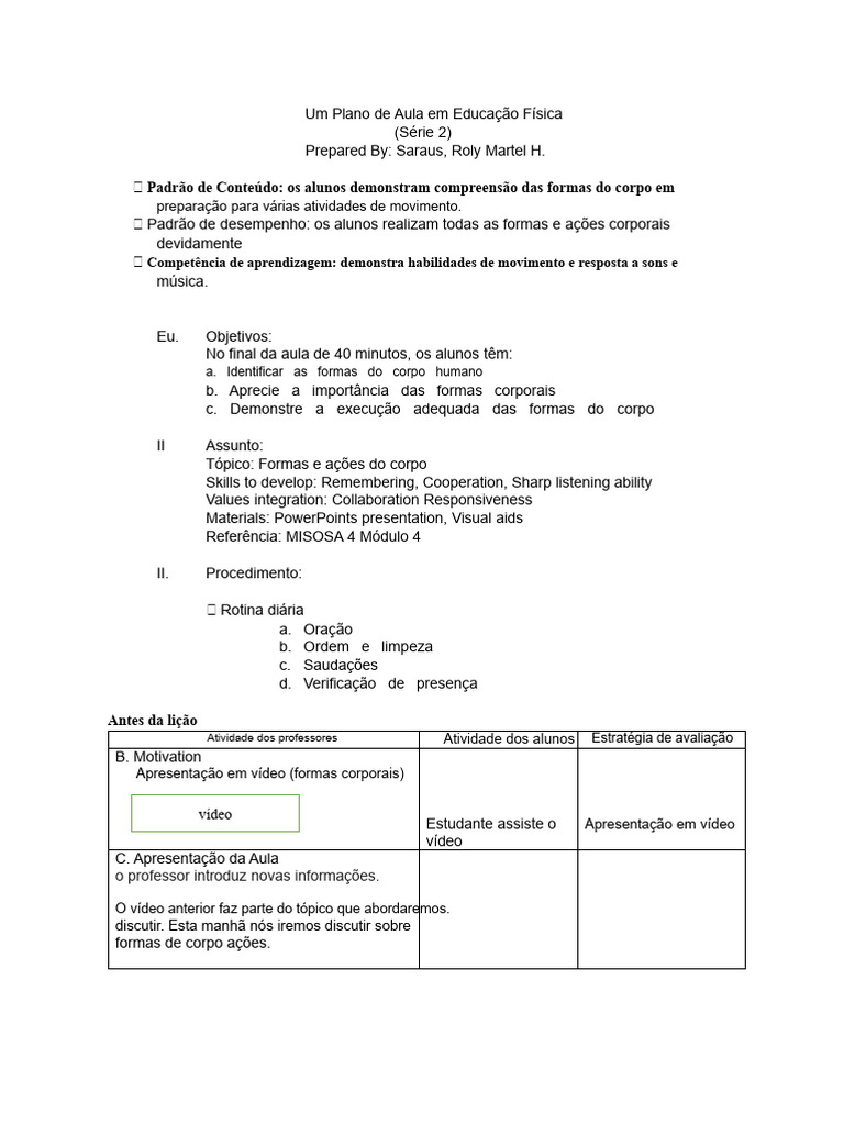 Um Plano de Aula de Educação Física para o 2º ano | PDF | Lição ...