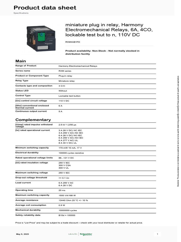 Miniature Plug-in Relay RXM4AB1FD | PDF | Relay | Direct Current