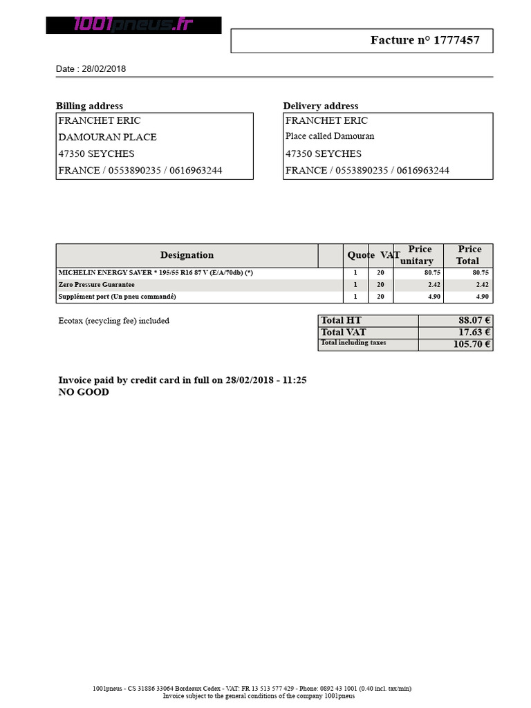 Invoice 1777457 for Michelin Tires | PDF