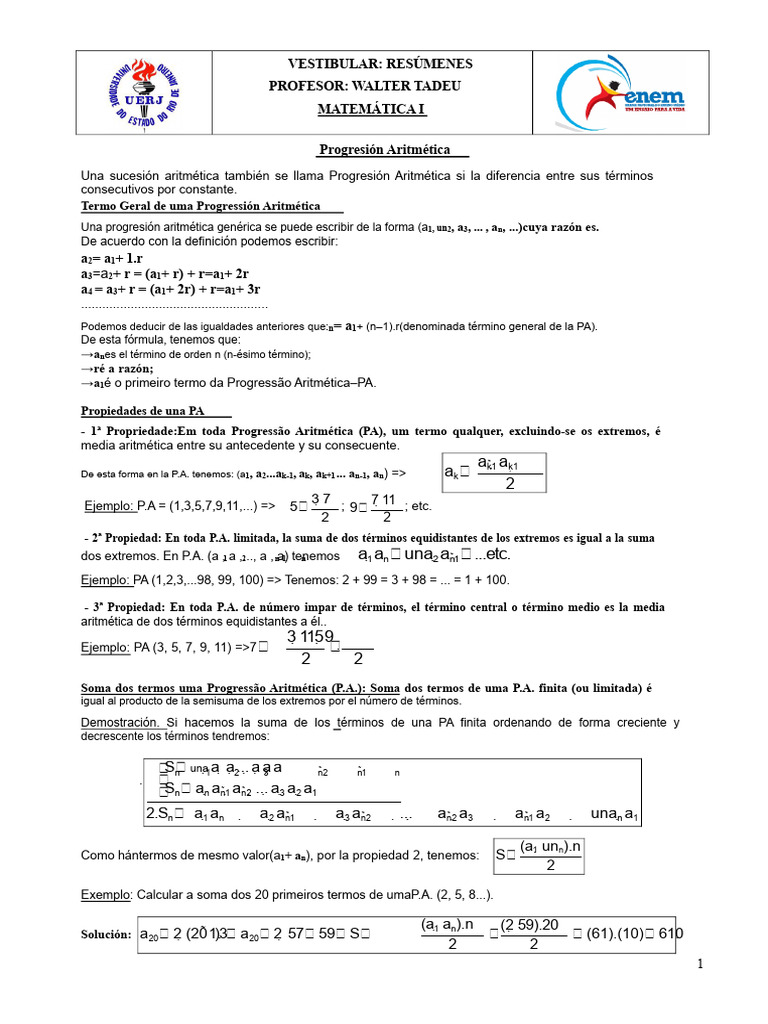 Progresión Aritmética: Definición y Propiedades | PDF | Teoría de los ...