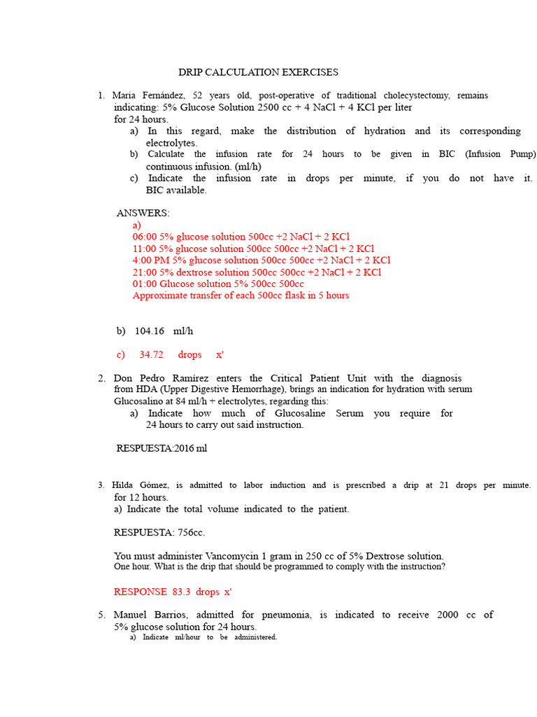 Drip Calculation Exercises for Patients | PDF | Intravenous Therapy ...