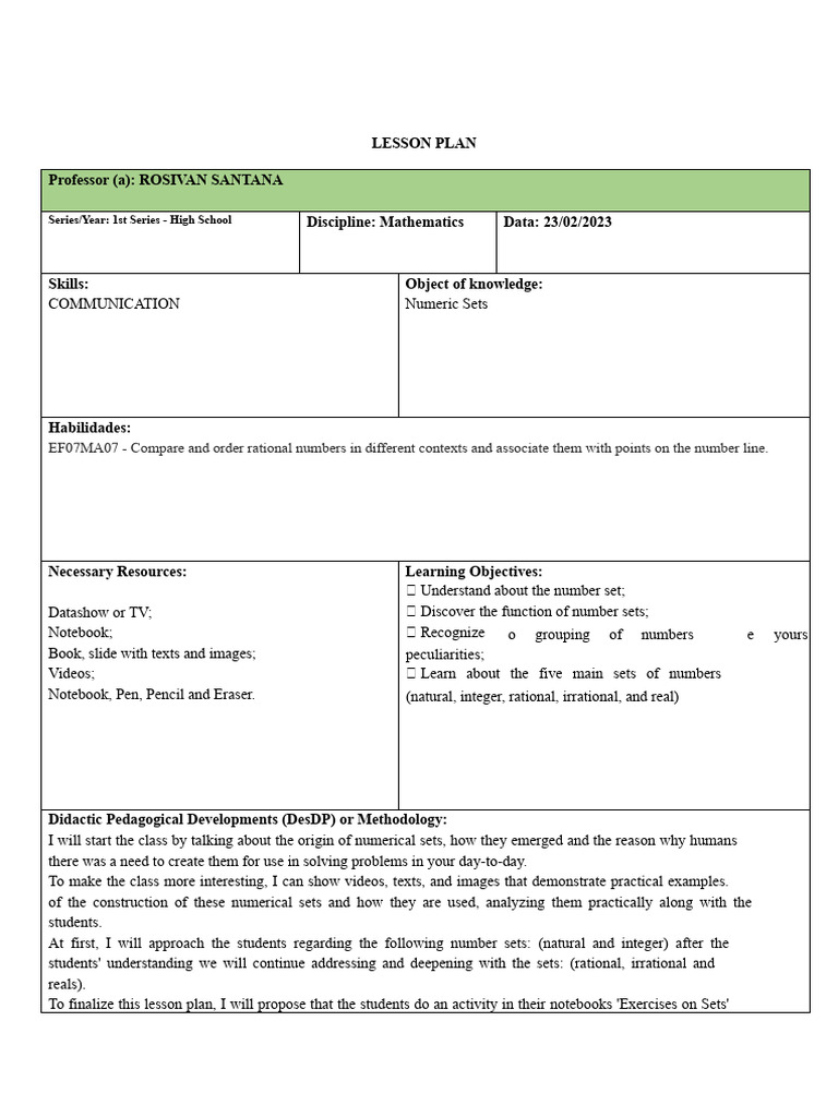 High School Math Lesson on Number Sets | PDF | Rationality | Lesson Plan