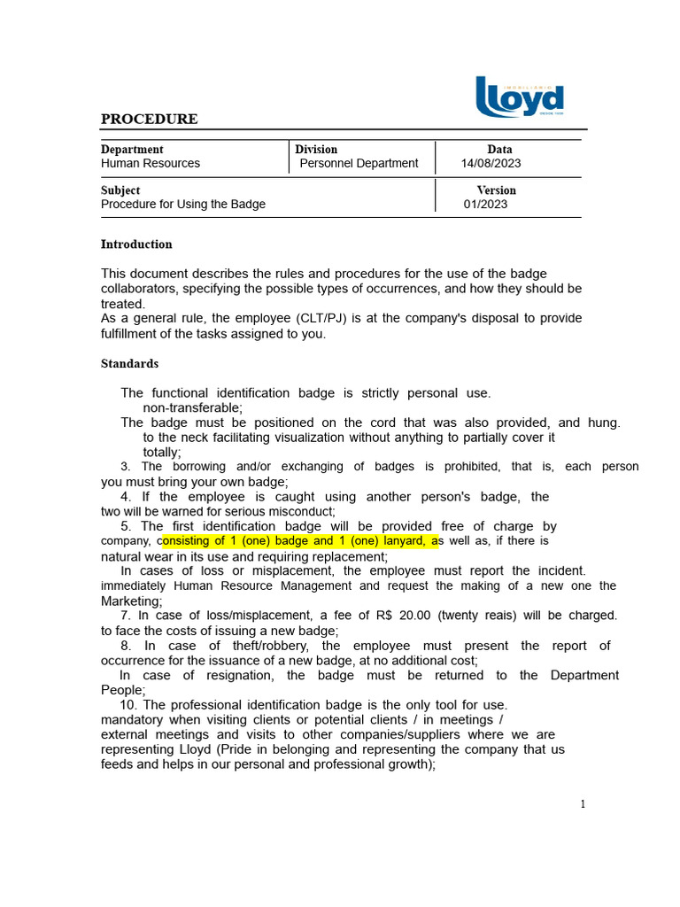 Procedure for Using the Badge | PDF