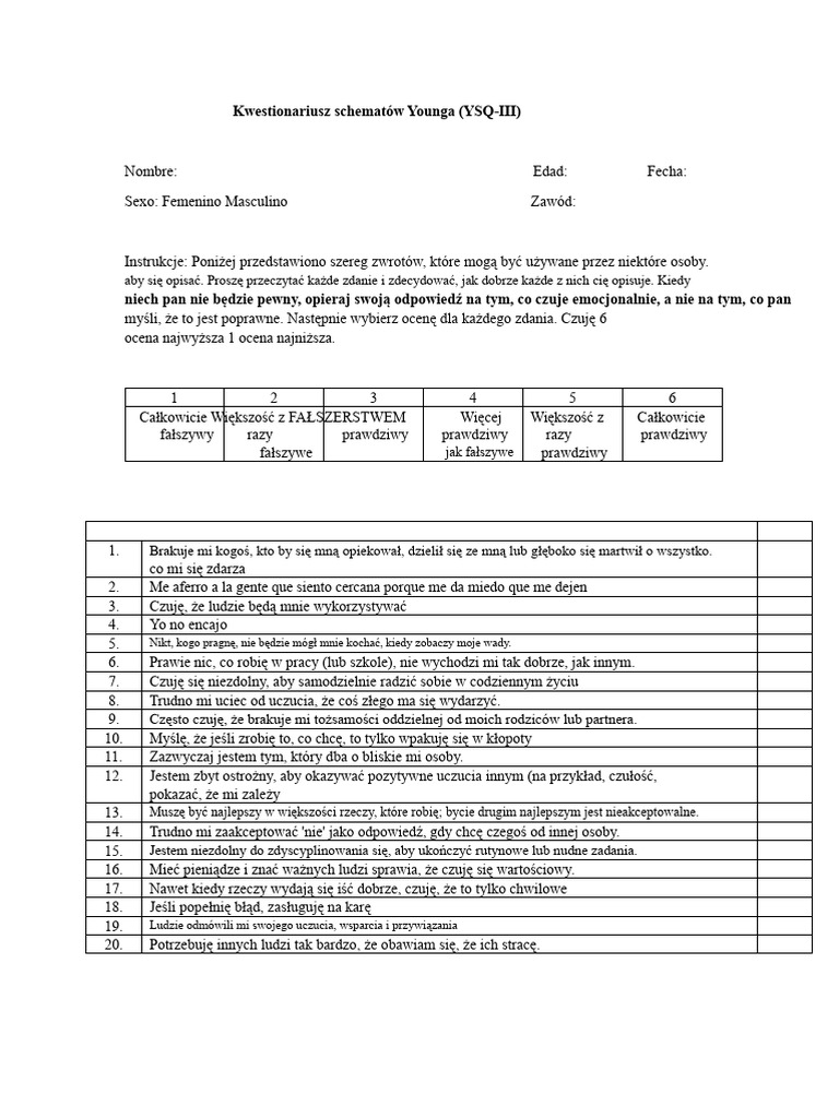 Kwestionariusz Schematów Younga (YSQ-III) | PDF