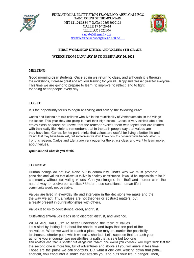 First Workshop on Ethics and Values 6th Grade | PDF | Value (Ethics)